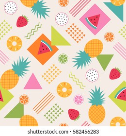 Colorful tropical fruits and geometric form seamless pattern background in memphis style