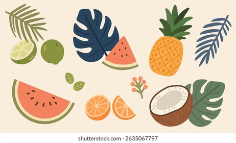Colorful tropical fruits and leaves collection in flat cartoon style. Includes pineapple, coconut, watermelon, citrus, lime, and foliage. Perfect for summer, packaging, and print projects.