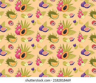 Colorful tropical fruits, papaya, dragon fruit, durian, litchi, fig, star fruit and palm leaves pattern vector illustration with yellow backround