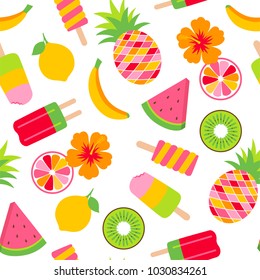 Colorful tropical fruits and popsicles seamless pattern background