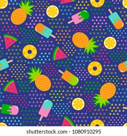 Colorful tropical fruits and popsicles seamless pattern with geometric background