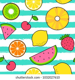 Colorful tropical fruits seamless pattern with striped background