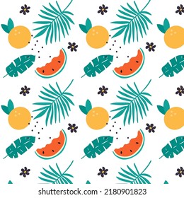Colorful Tropical fruits Seamless Pattern. Fruits and palm leaves. Bright fruits mix design for fabric and decor. Vector illustration.