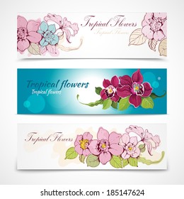 Colorful tropical hand drawn and sketch exotic flower decorative banners isolated vector illustration