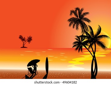 Colorful tropical illustration with surfers.
