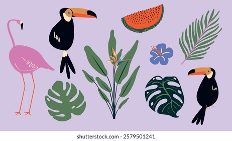 Colorful tropical illustration with toucans, flamingo, and lush leaves. Features vibrant toucans, flamingo, and tropical leaves on a light background. Animal illustrations, isolated vector set.