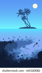 Colorful tropical island landscape template with palm trees and underwater marine world vector illustration