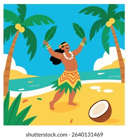 Colorful Tropical Islander Dancer on Beach with Coconut and Palm Trees – Hawaiian Luau Style