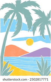 Colorful tropical landscape vector illustration featuring palm trees, a sunny beach, and vibrant mountains, perfect for summer-themed designs and vacation vibes.