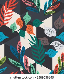 Colorful tropical leaf, fern, and geometric hexagon diamond triangle seamless pattern. Trendy repeat geo vector swatch.