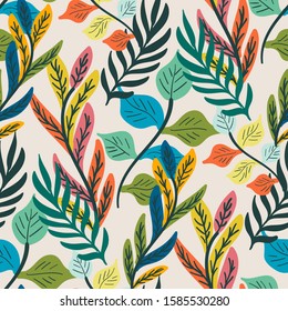 Colorful tropical leaf and fern seamless pattern. Trendy repeat vector swatch.