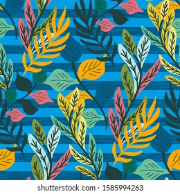 Colorful tropical leaf and fern seamless pattern. Bright blue marl heather stripe background. Trendy repeat vector swatch.
