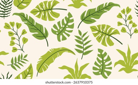 Colorful tropical leaf pattern featuring palm and monstera in a playful flat cartoon look. Ideal for summer-themed design, wrapping, stationery, or fashion prints.