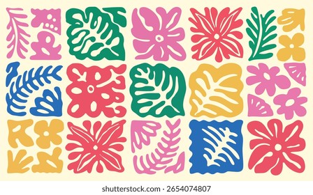 Colorido patrón de hojas tropicales con Formas florales Abstractas en bloques vibrantes audaces para el diseño de verano