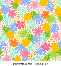 Colorful tropical leaf, pineapple and hibiscus seamless pattern with dot background