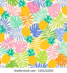 Colorful tropical leaf and pineapple seamless pattern background