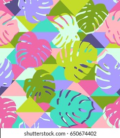 Colorful tropical leaf and triangle seamless pattern background