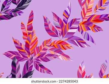 Colorful tropical leafage endless wallpaper vector. Modern organic spring t shirt textile print. Paradise shrub branch foliage seamless pattern. Stripes texture plant leaves.
