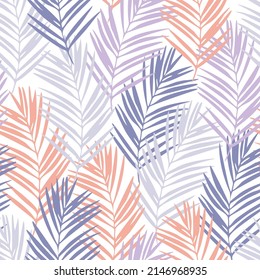 Colorful tropical leaves background. Hand drawn exotic seamless pattern. Tropics leaves wallpaper. Vector botanical illustration for summer design, swimwear fabric, textile