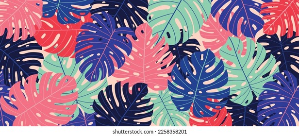 Colorful tropical leaves background vector illustration. Jungle plants, monstera palm foliage, exotic rainforest summer hawaiian style background. Contemporary design for home decoration, wallpaper.