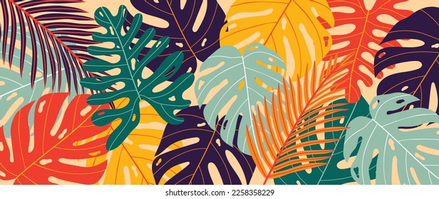 Colorful tropical leaves background vector illustration. Jungle plants, monstera palm foliage, exotic rainforest summer hawaiian style background. Contemporary design for home decoration, wallpaper.