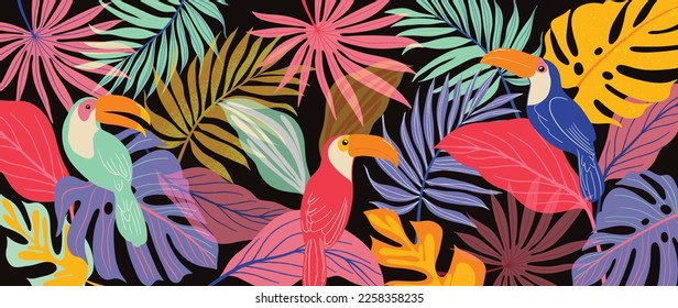 Ilustración del vector de fondo de hojas tropicales coloridas. Hojas de palma de la monstera de la jungla, estilo de verano de primavera exótico con buñuelos y textura de grunge. Diseño contemporáneo para la decoración casera, papel pintado.