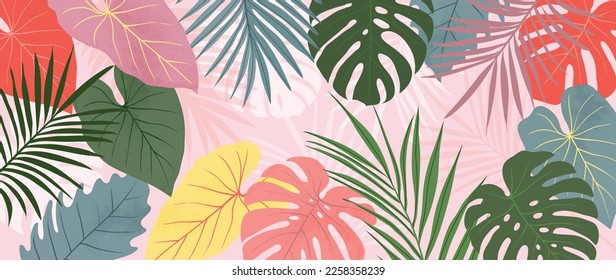 Colorful tropical leaves background vector illustration. Jungle plants, monstera palm foliage, exotic rainforest summer hawaiian style background. Contemporary design for home decoration, wallpaper.