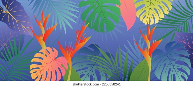 Colorful tropical leaves background vector illustration. Jungle plants, monstera palm foliage, exotic rainforest summer hawaiian style background. Contemporary design for home decoration, wallpaper.
