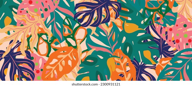 Colorful tropical leaves and botanical background vector. Abstract wallpaper of leaf branches, monstera with contoured texture. Exotic plants in summer tone for banner, prints, decor, wall art.