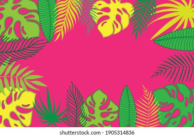 Colorful tropical leaves collection on pink background. Vector illustration. Frame, template, banner.