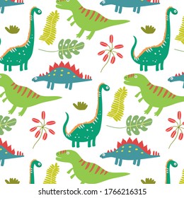 Colorful tropical leaves dinosaurs seamless pattern