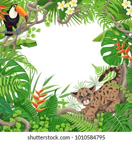 Colorful tropical leaves and flowers background. Square floral frame with funny Cougar Cub  and Toucan sitting on liana branches. Space for text. Rainforest foliage border. Vector flat illustration.