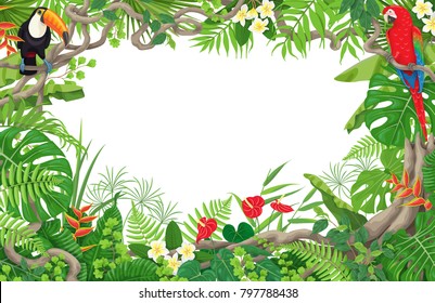 Colorful tropical leaves and flowers background. Horizontal floral frame with birds Macaw and Toucan sitting on liana branches. Space for text. Rainforest foliage border. Vector flat illustration.