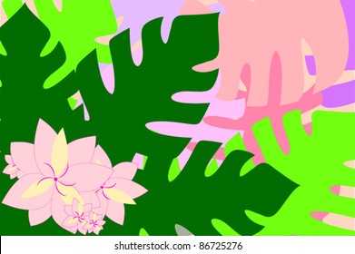 Colorful tropical leaves and flowers background