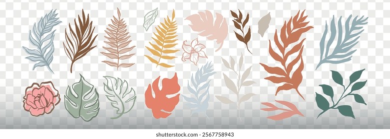 Colorful tropical leaves and flowers on a dark background. Various leaf shapes and colors. Tropical leaves, floral elements, and botanical design. Aesthetic hand drawn nature element vector set.