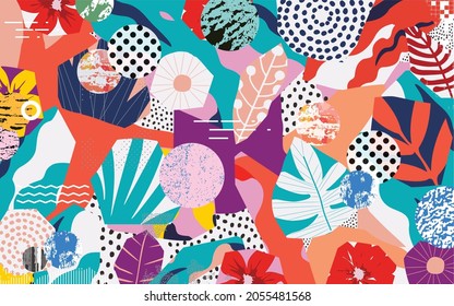 Colorful tropical leaves and flowers poster background vector illustration. Exotic plants, branches, flowers and leaves art print for beauty and natural products, spa and wellness, fabric and fashion