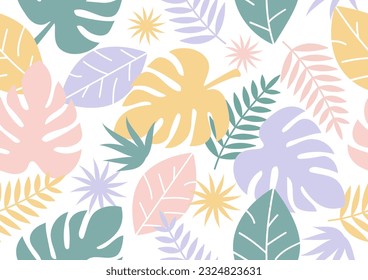 Hojas tropicales coloridas y flores afiche de ilustración vectorial de fondo.