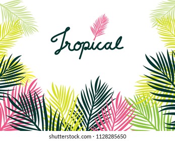 Colorful tropical leaves frame on white background with hand written word "Tropical"