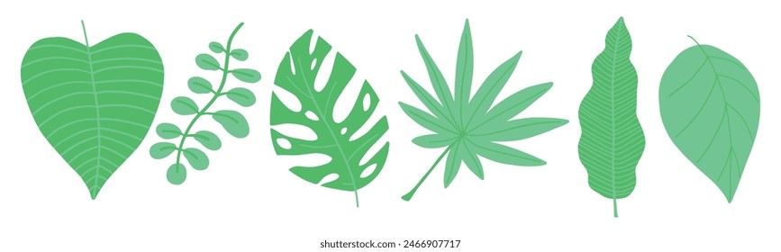 Colorful tropical leaves illustration with various green foliage and vibrant botanical elements.