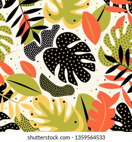 Colorful tropical leaves on a beige background. Vector design.
