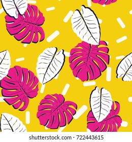 Colorful tropical leaves on bright background. Vector seamless pattern. Tropical background. Hand drawn tropical pattern. Fashion pop art design.