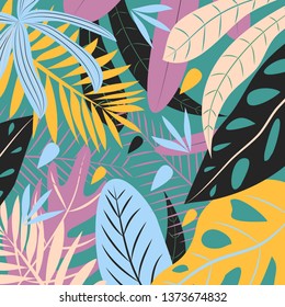 Colorful tropical leaves on green background. Vector design.