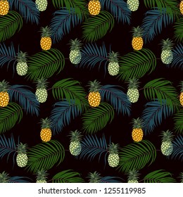 Colorful tropical leaves and pineapple on dark background seamless pattern,for fashion,fabric,textile,print or wallpaper