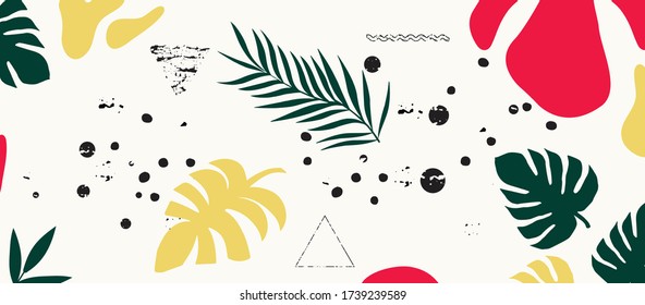 Colorful tropical leaves poster background vector illustration. Exotic plants, branches and leaves art print for beauty and natural products, spa and wellness, fabric and fashion