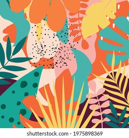 Colorful tropical leaves poster background vector illustration. Exotic plants, branches, flowers and leaves art print for beauty and natural products, spa and wellness, fabric and fashion
