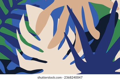 Colorful tropical leaves poster background vector illustration. Exotic overlapping and simple plants, branches, and leaves art print for beauty and natural products, spa and wellness, fabric, fashion