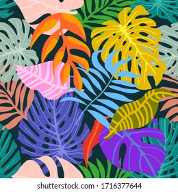 Colorful tropical leaves. Seamless pattern with floral elements. Aloha textile collection. Template for textile design, cards, covers.