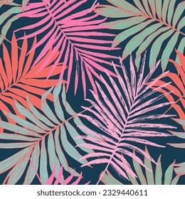 Colorful tropical leaves seamless pattern. Summer palm leaf background. Hand drawn tropics silhouettes, line art, sketches. Vector art illustration for floral prints, wallpaper, textile, fabric design