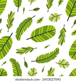 Colorful tropical leaves seamless pattern. Fashionable beach print wallpaper on white background. Design for paper, cover, fabric, interior decor and other users for children.