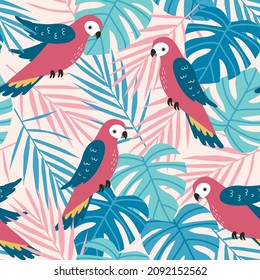 Colorful Tropical Macaw Parrots with Palm and Monstera Leaves. Vector Seamless Repeat